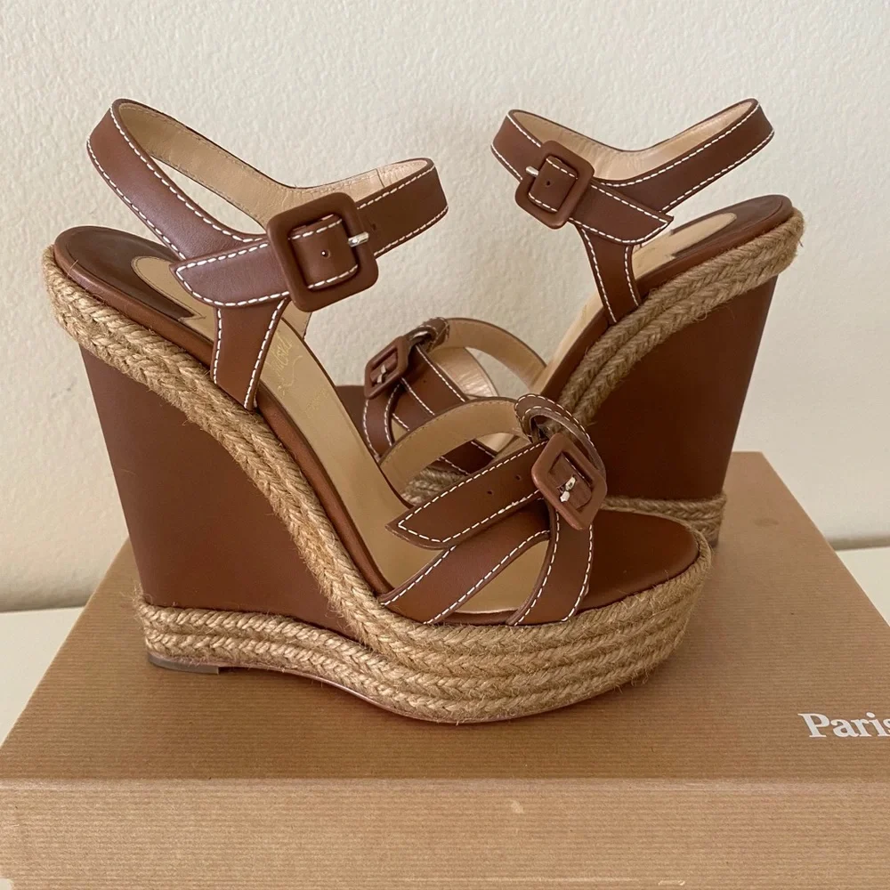Christian Louboutin Brown Leather Espadrille Wedge Sandals